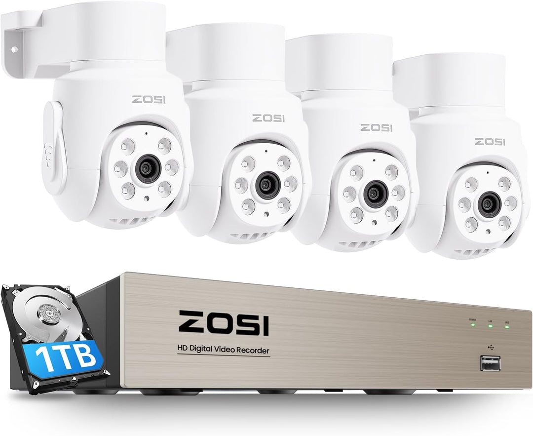 ZOSI Kabelgebunden 2MP PTZ Überwachungskamera Aussen Set mit Audio, 8CH 5MP 1TB DVR, KI Personen-/Au