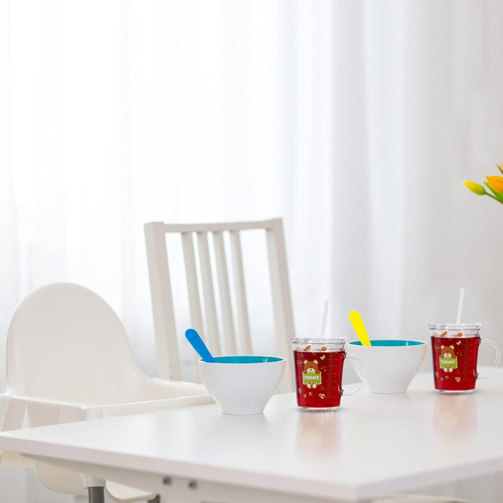 Relaxdays Kindergläser 2er Set, Bären-Motiv, Trinkglas Kinder, mit Henkel, Deckel & Strohhalm, 400 m