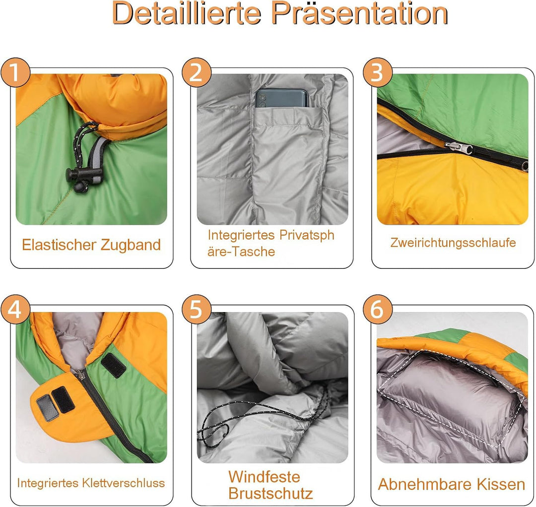 Ultraleicht Daunenschlafsack mit Kissen, Kleiner Leichter Sommer Schlafsack 680FP für Erwachsene und