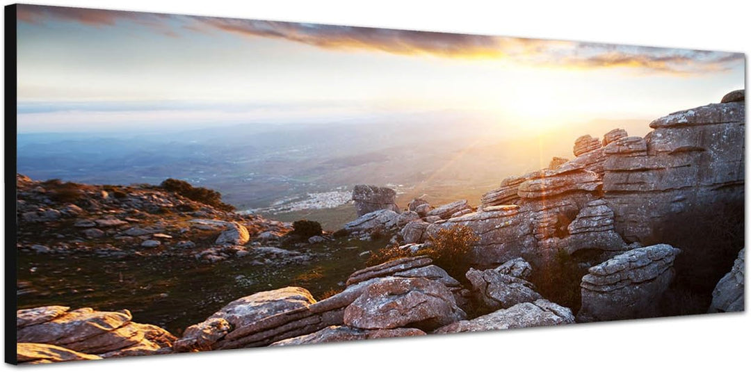 Paul Sinus Art Panoramabild auf Leinwand und Keilrahmen 150x50cm Spanien Gebirge Berge Sonnenstrahle