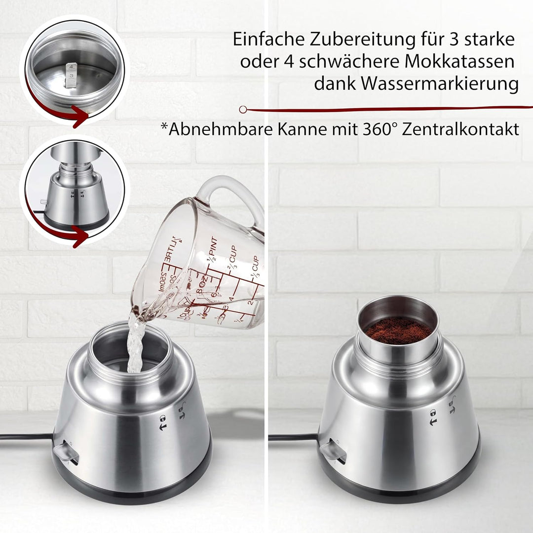 Cloer 5918 Moka Maker, "Espressokocher", 3-4 Tassen, Edelstahleinsatz, Sicherheitsabschaltung, Siche