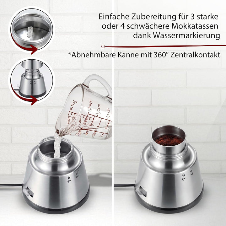 Cloer 5918 Moka Maker, "Espressokocher", 3-4 Tassen, Edelstahleinsatz, Sicherheitsabschaltung, Siche