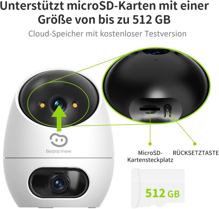 Beans View 2K+2K (3MP+3MP) Innenkamera Zwei Objektiven für Überwachung und Sicherheit, 2,4 GHz WLAN,