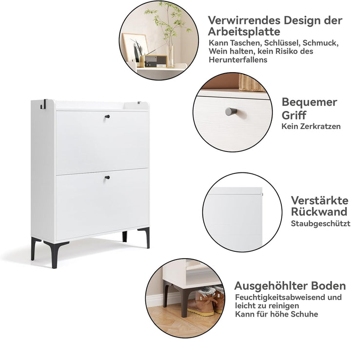 Dripex Schuhschrank schmal, Schuhkipper mit 2 Flip-Schubladen,Schuhregal schmal mit Metallfüssen für