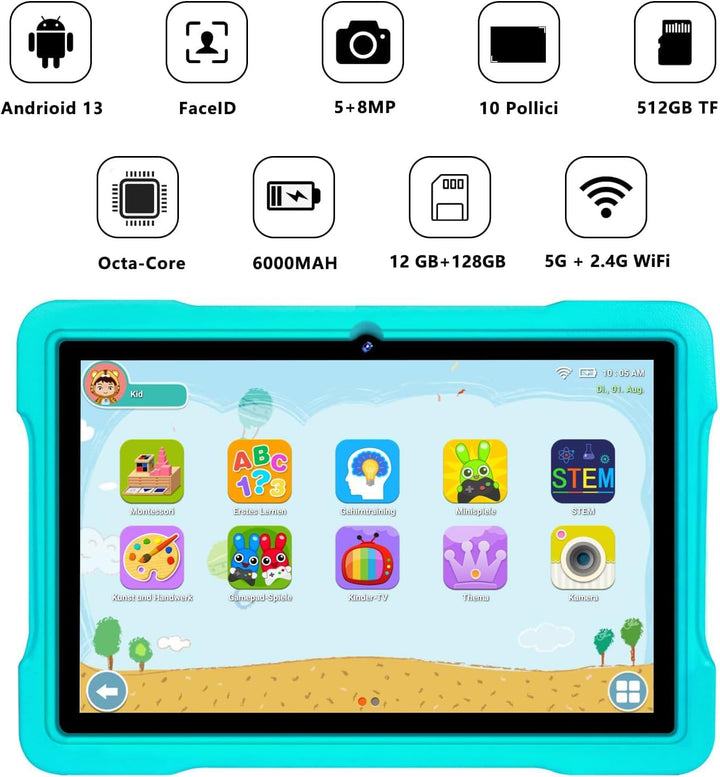 AOCWEI X700 Tablet 10 Zoll,Android 13 Tablet für Kinder,12GB RAM+128GB ROM,512GB erweitern,5GWiFi Ta