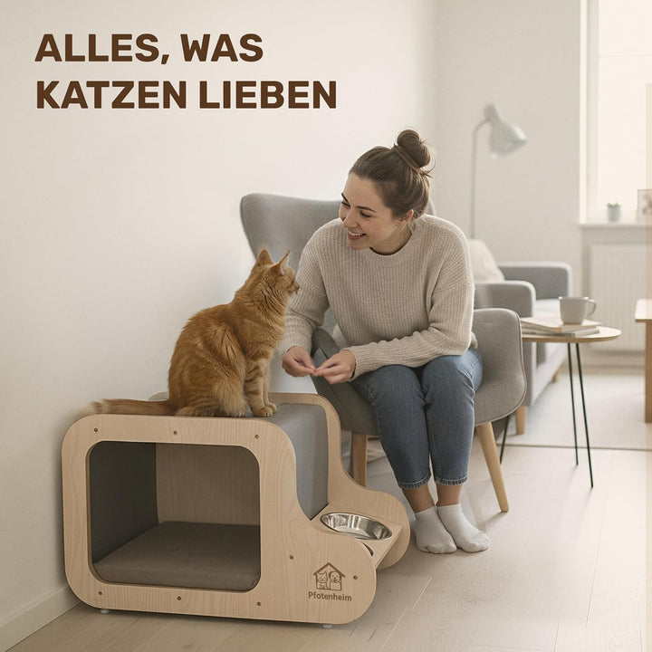 Katzenhaus mit Katzenbett, Katzenhöhle & Katzennapf | Katzenkorb, 3-in-1 Kratzmatte mit Katzen-Napfs