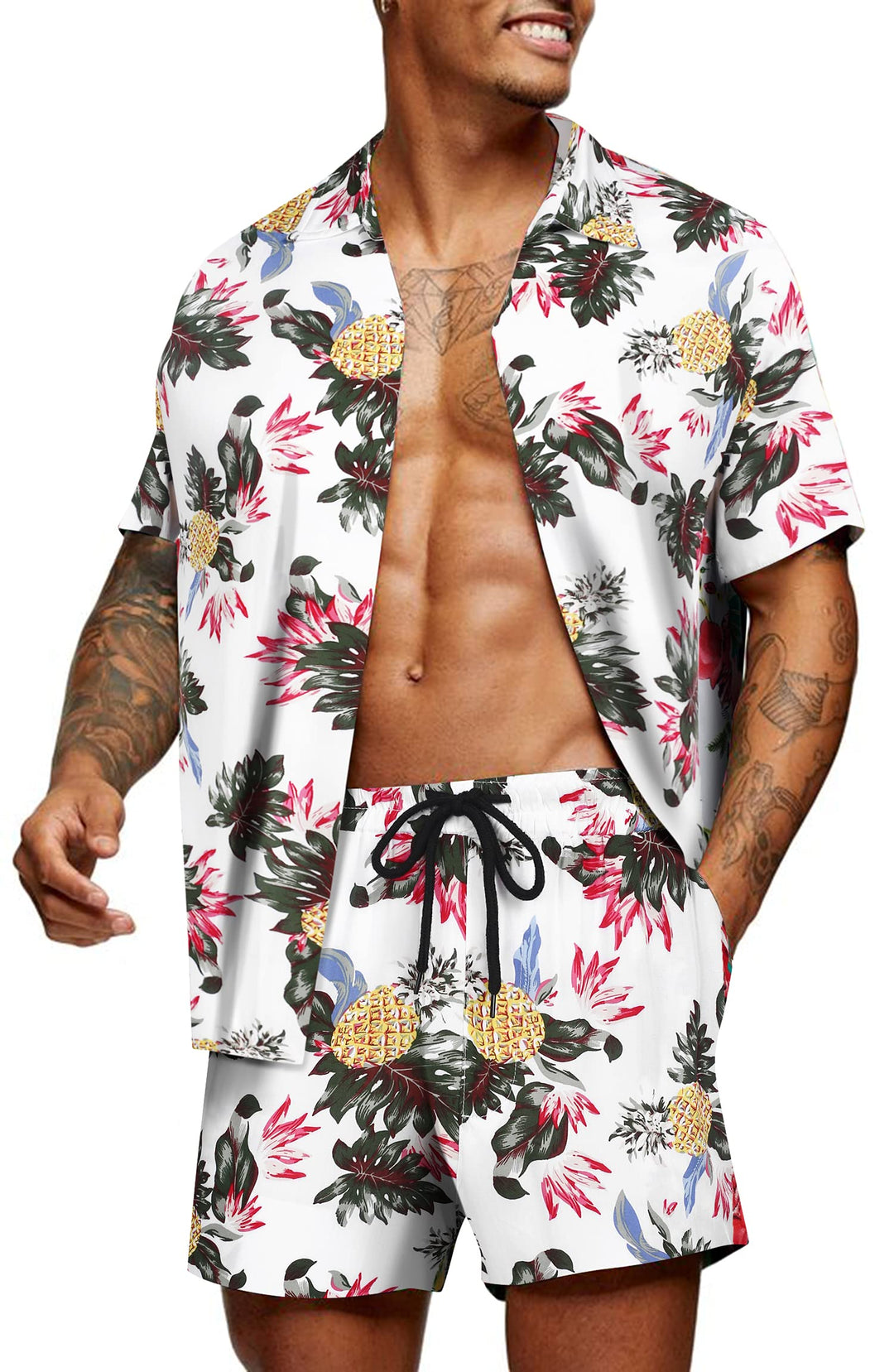 COOFANDY Herren Hawaiihemd Kurzarm Flamingo Hemd Floral Sommerhemd Button Down Blumenmuster Shirt un