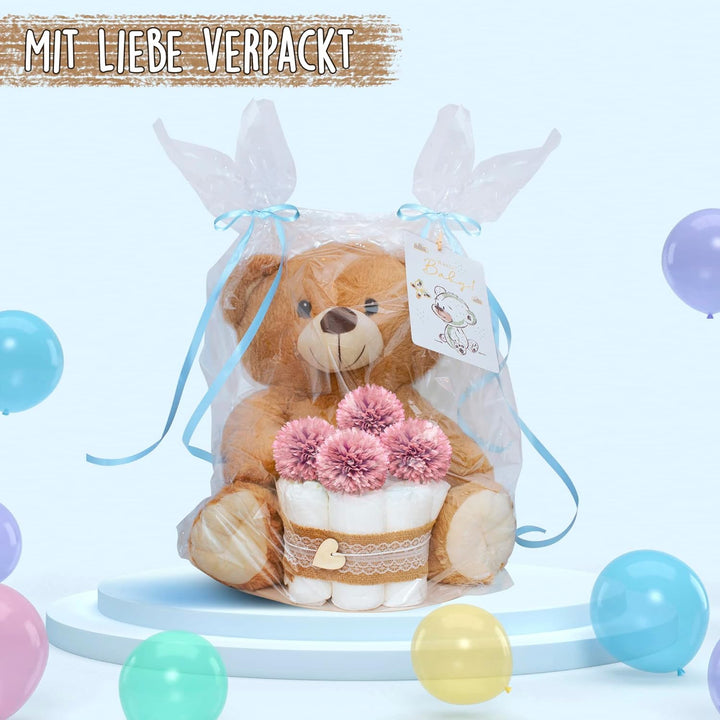 MilaBoo® Kleine Vintage Windeltorte Mädchen mit grossem Teddybär I Liebevolles Geschenk zur Geburt I
