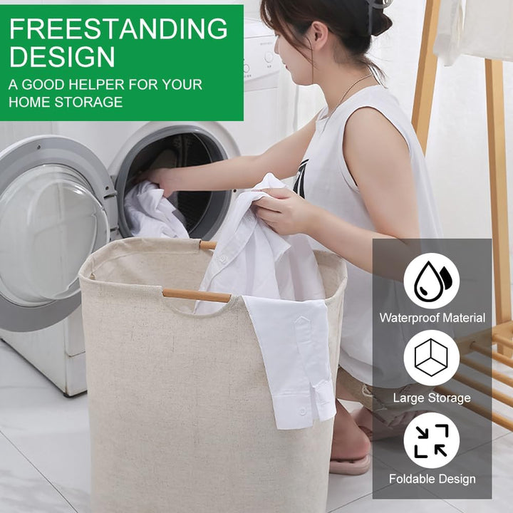 Wäschekorb Faltbar Beige Wäschesack Wäschesammler 60L Körbe Aufbewahrung Wäsche mit Henkel Wasserdic