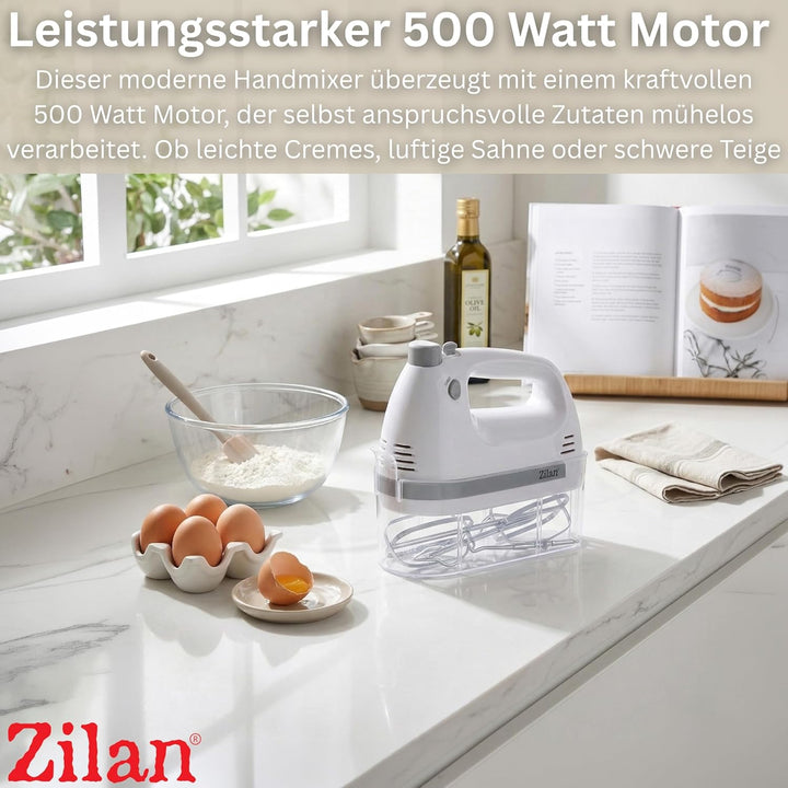 Zilan Handmixer 500W mit Ständer – Elektrischer Handrührer mit 5 Geschwindigkeiten + Turbo, Leise Kü