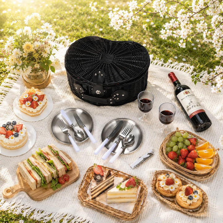 Picknickkorb Set für 2 Person mit Flaschenöffner, Besteck Set, für Camping, Strand, Wandern, BBQ und