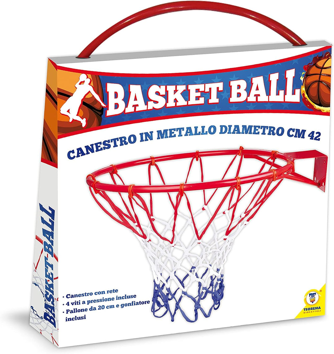 Teorema Basketballkorb aus Metall mit Netz, Durchmesser 42 cm, Ball mit 20 cm und Luftblase, Unisex,