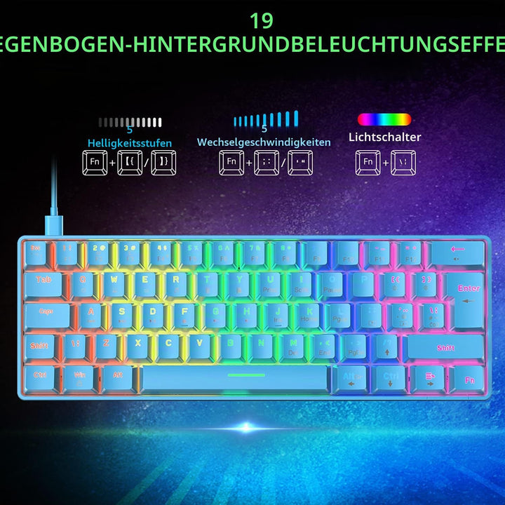 Mini 60% Gaming-Tastatur Kabelgebundene mechanische Keyboard, Kompakte Tragbare 62 Tasten, UK-Layout
