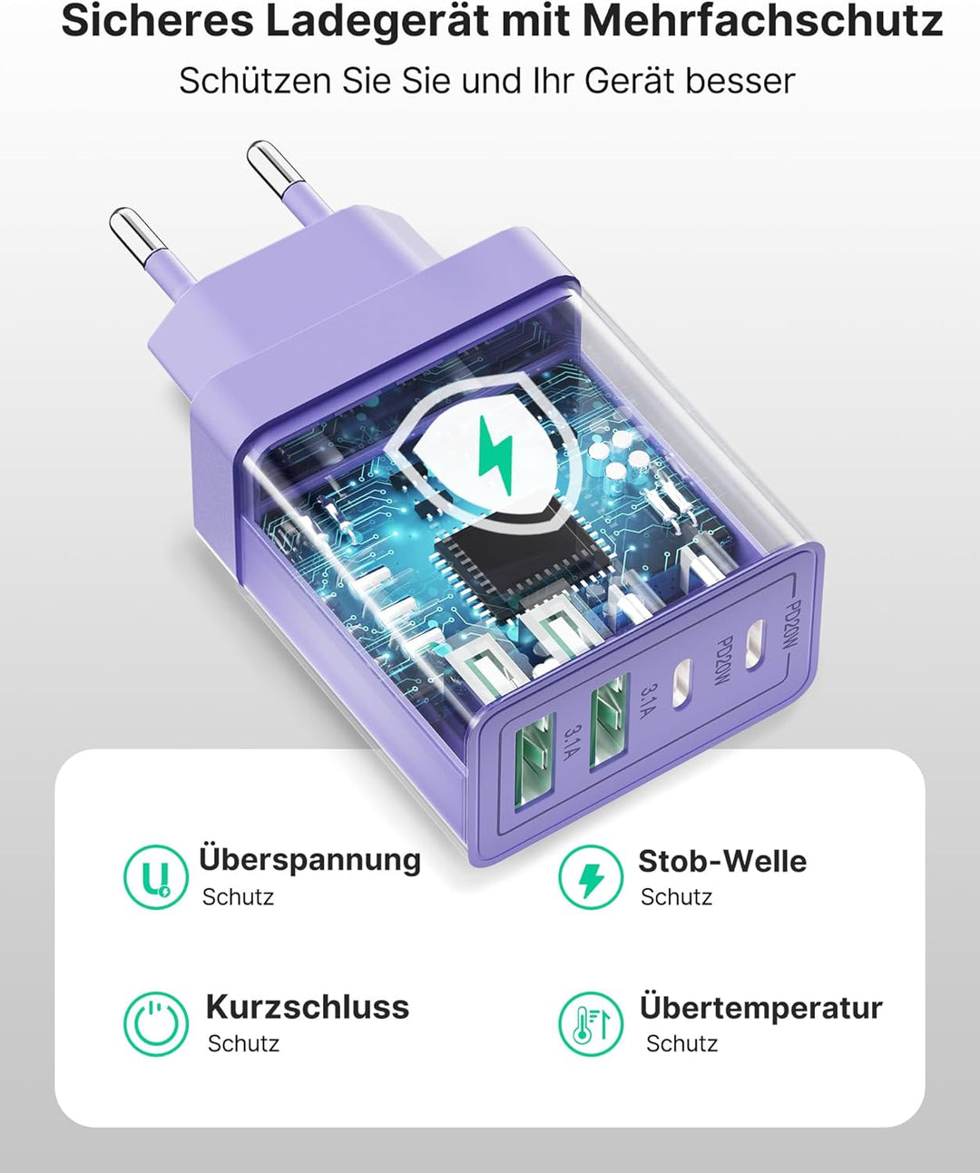 USB C Ladegerät,4-Ports 40W Mehrfach Schnellladegerät USB-C und USB-A,PD 3.0 Power Adapter Stecker L
