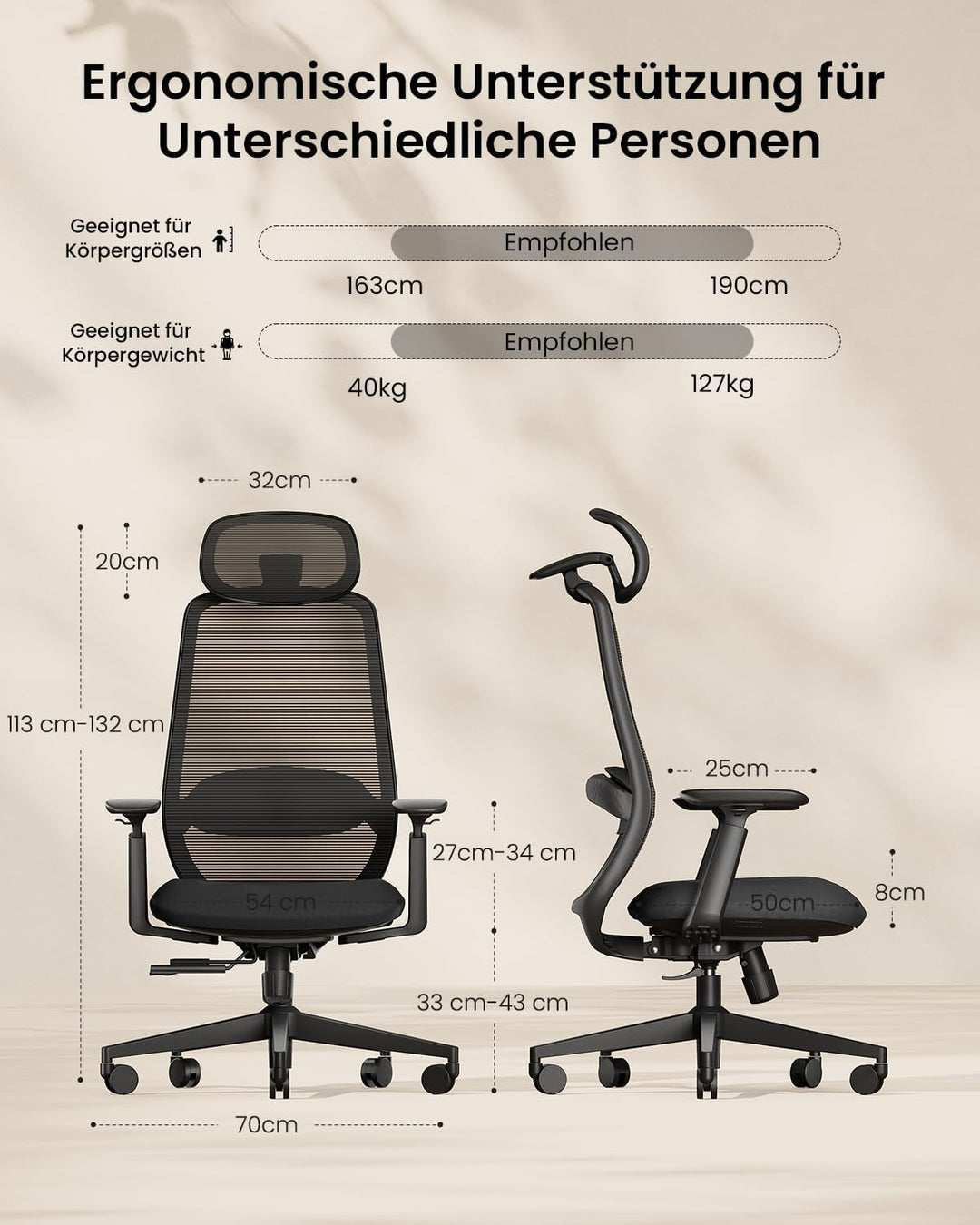 ProtoArc EC200 Bürostuhl Ergonomisch, Schreibtischstuhl mit Höhen- und Tiefenverstellbarer Lendenwir