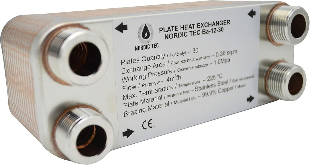 Edelstahl Plattenwärmetauscher Nordic Tec Ba-12-30 30 Platten 65kW 3/4” mit Wandbefestigung und Verb