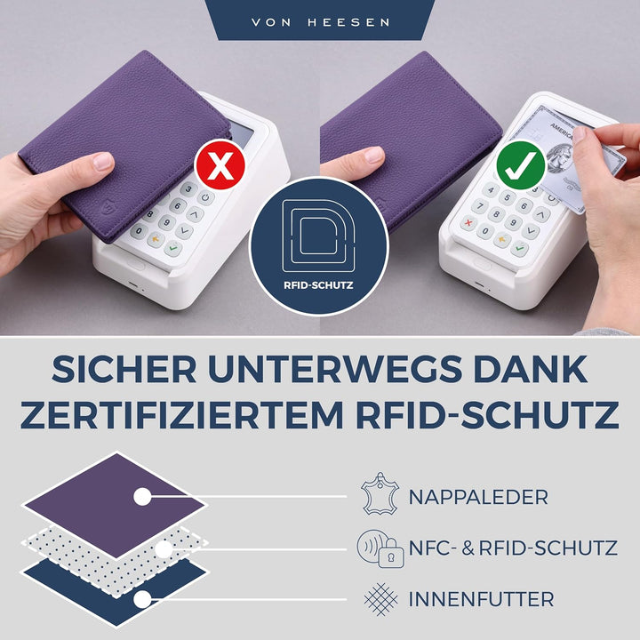 VON HEESEN Leder Geldbörse RFID Schutz I Echtleder Geldbeutel für Damen & Herren I Portemonnaie Brie