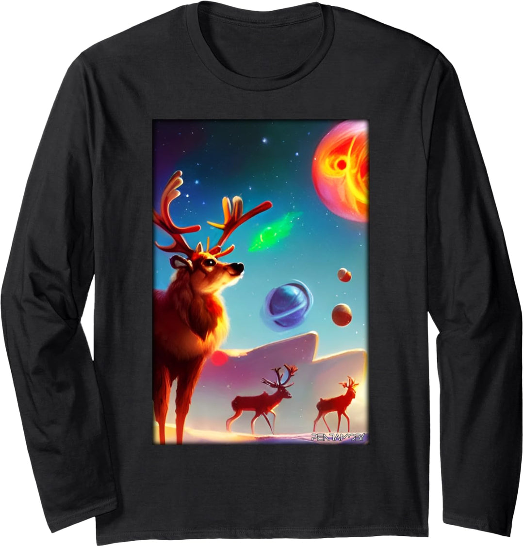 Rentier Weihnachten Weltraum Galaxie Universum Planeten Langarmshirt