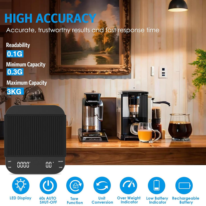 Brifit Kaffeewaage mit Timer, Espresso Waage 3kg/0.1g, Hochpräzise Feinwaage, Waage Küchenwaage USB,