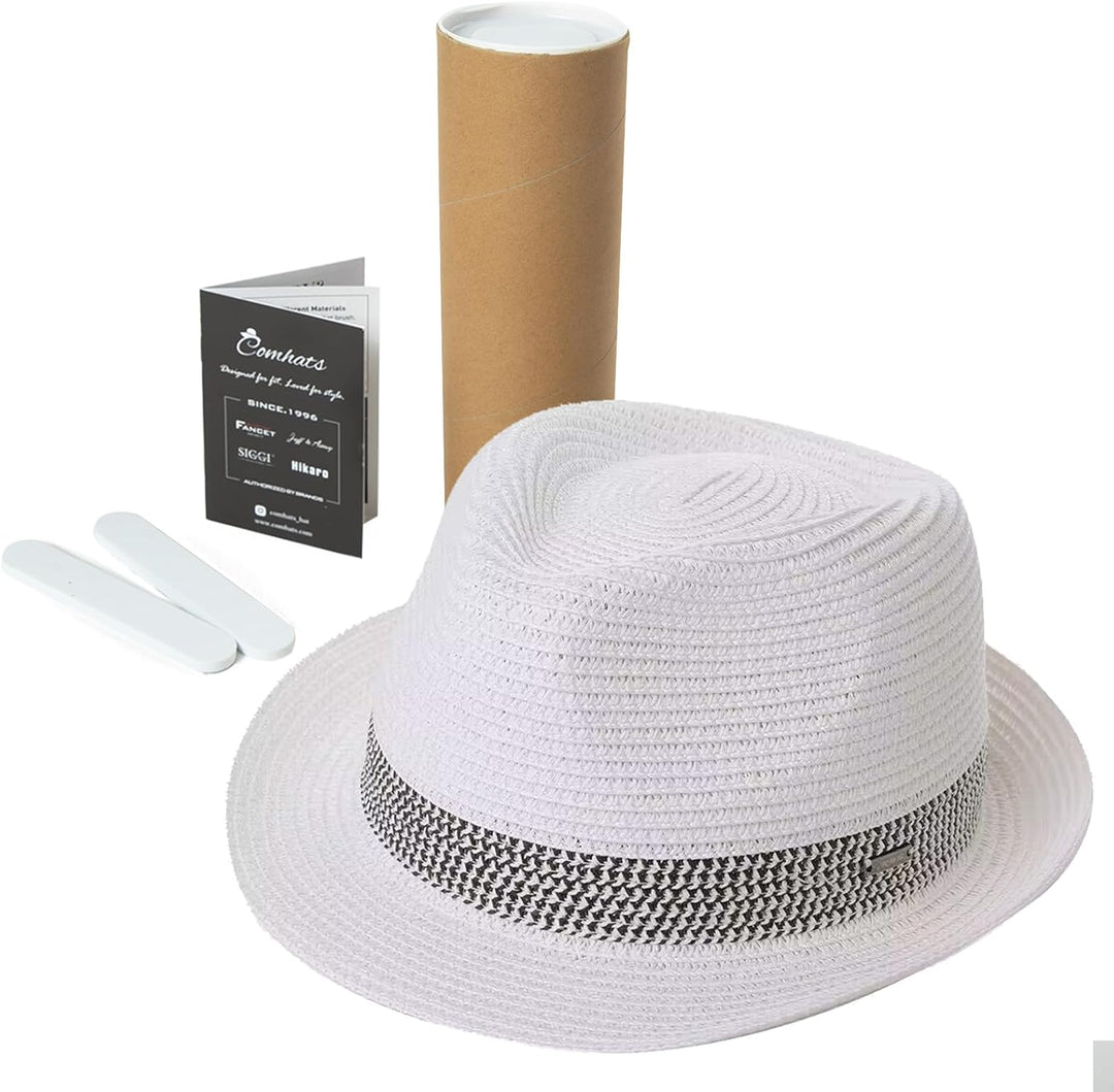 Comhats Stroh-Trilby-Hut - Unisex Sommerhut für Herren und Damen - Fedora-Stil mit UV-Schutz - Natur