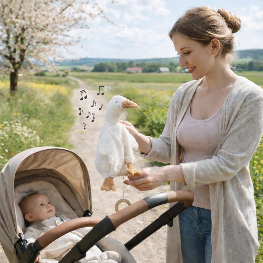 Efie Bio-Spieluhr Gans, Weiss, 100% Baumwollfrottee, Schurwolle-Füllung, GOTS-Zertifiziert, Handgefe