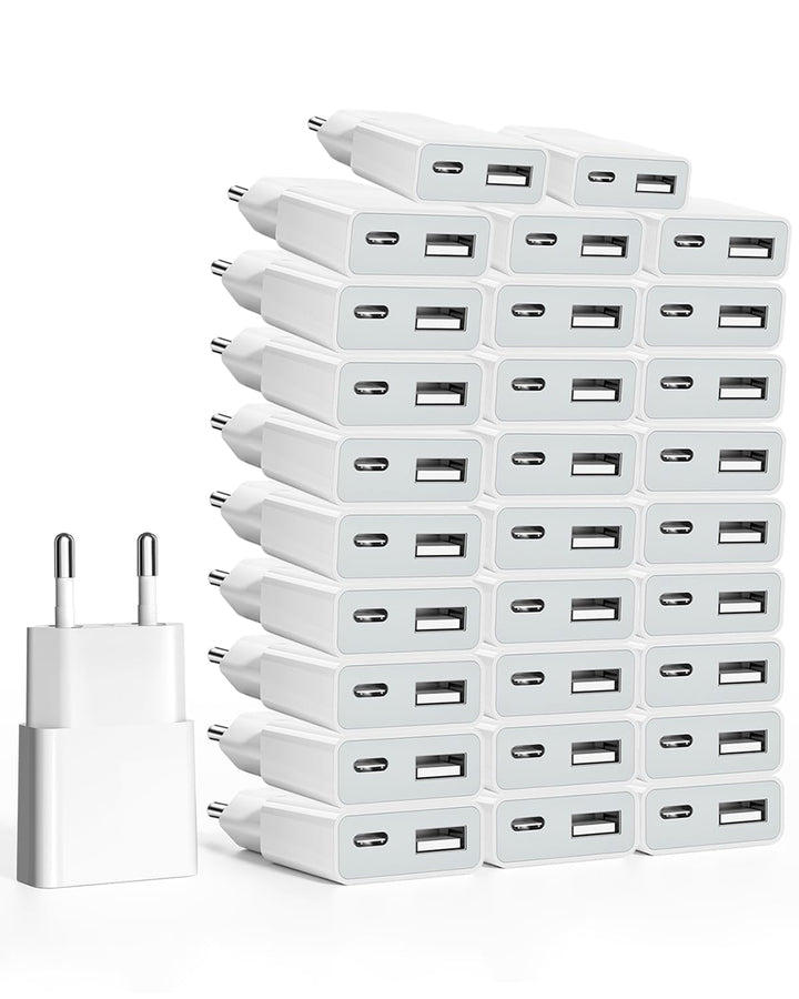 30Pack USB Ladegerät 5W Slim Ladestecker Netzteil 5V 1A 2Port USB C+ USB A Netzstecker Adapter, Stec