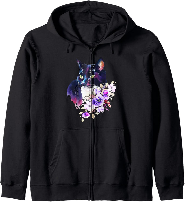 Katze mit Blumen, Aquarell-Look Kapuzenjacke