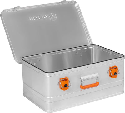 alubox Werkzeugtruhe Werkzeugkoffer 40 L silber Alu glänzend - orange Schnallen - Frontgriff - 040 L