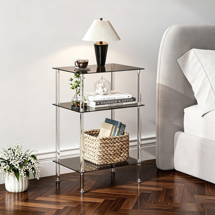 Moderner Beistelltisch Glas Eckig Transparenter Tisch mit 3 Ablagen Nachttisch Glastisch Side Table