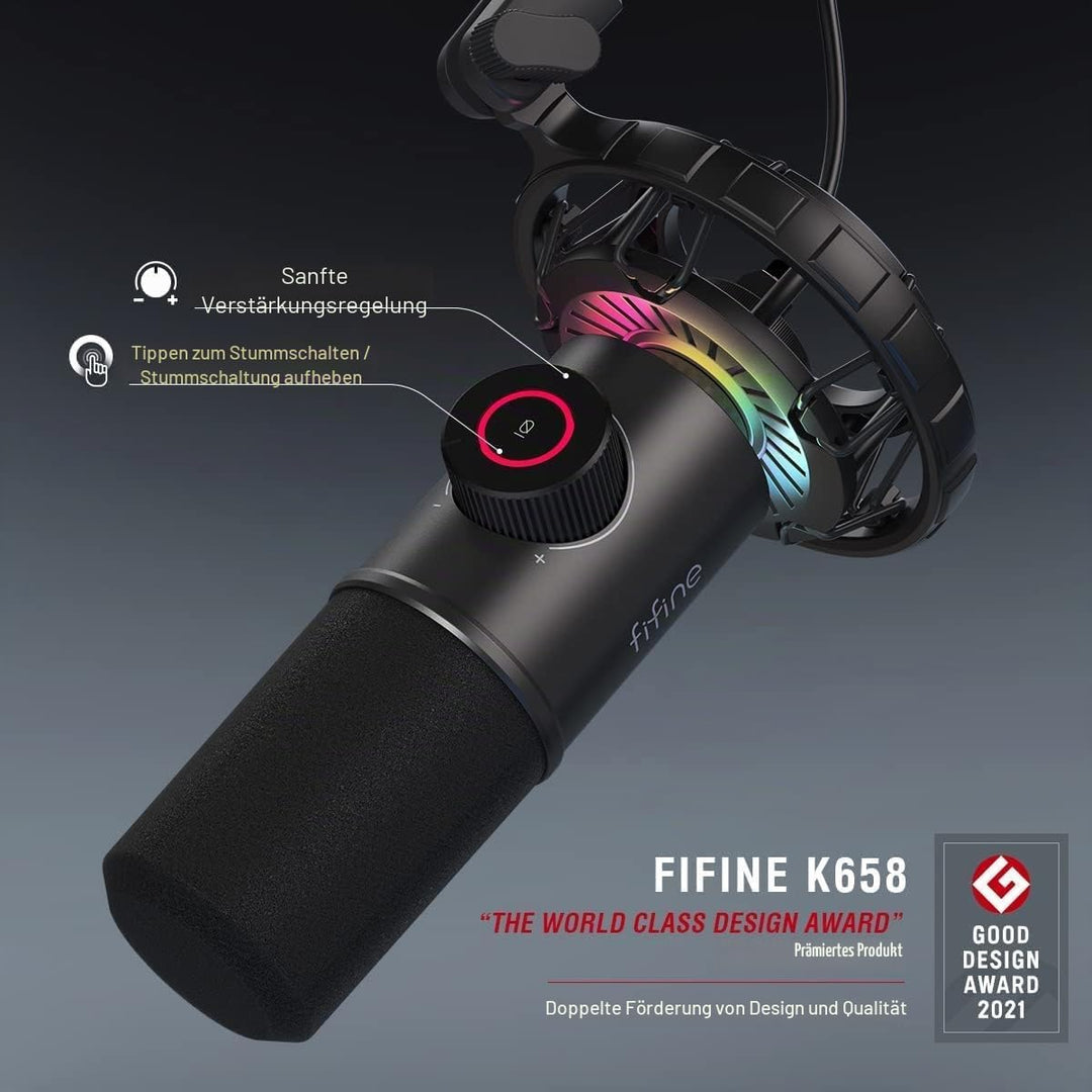FIFINE USB Gaming Mikrofon, RGB Dynamische Mikrofone PC mit Stummschalttaste, Plug-and-Play Nierench