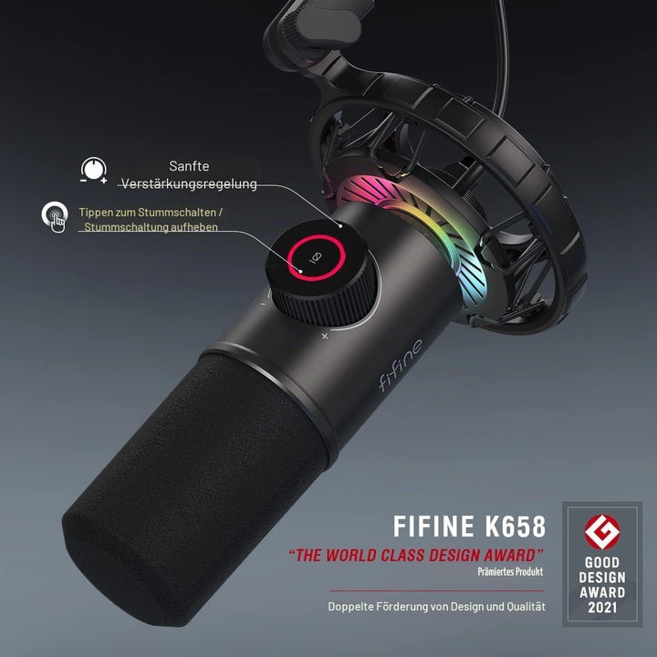 FIFINE USB Gaming Mikrofon, RGB Dynamische Mikrofone PC mit Stummschalttaste, Plug-and-Play Nierench