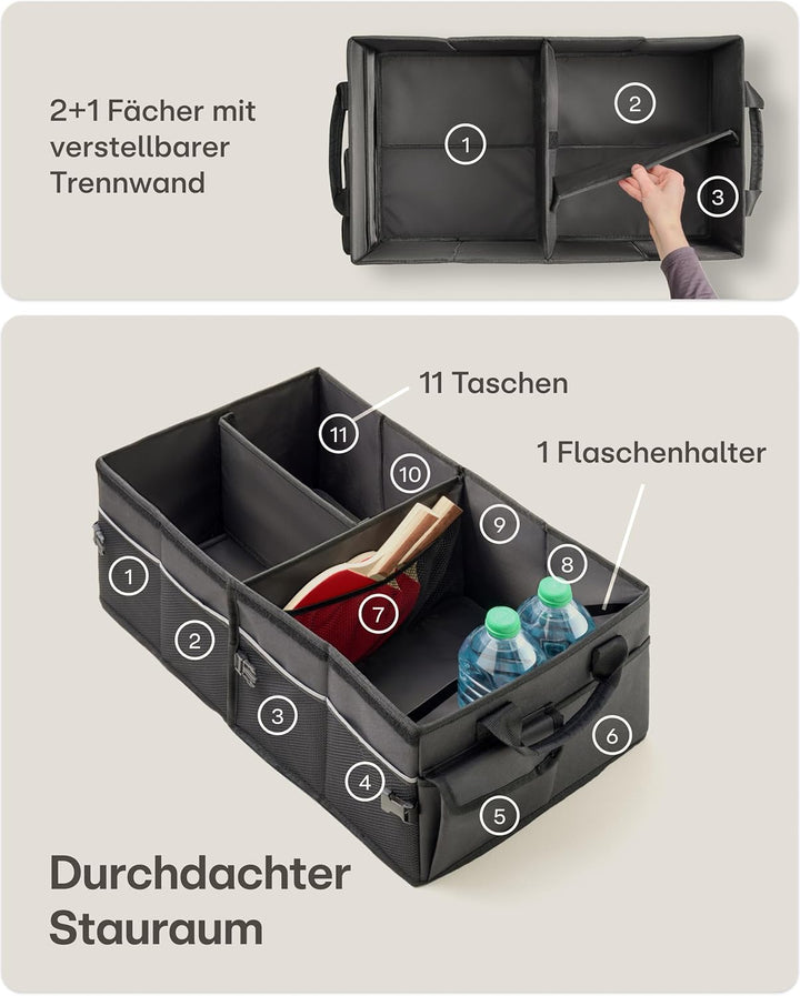 Praknu 45L Auto Kofferraum Organizer Faltbar mit Deckel – auf 20 L anpassbar – 3 Fächer mit 11 Tasch