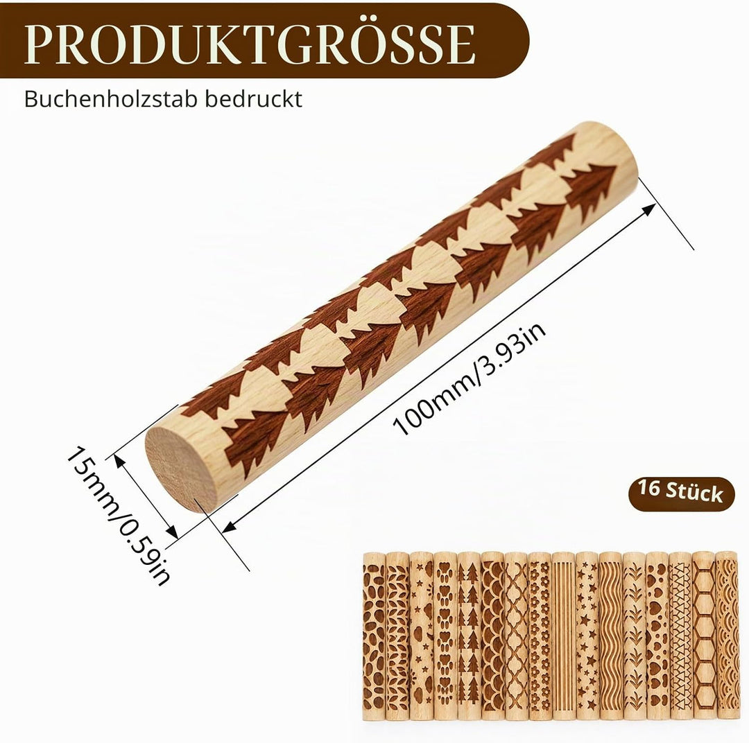 16 Stück Holz Texturrolle für Ton &amp; Keramik 10x1.5cm 16 Stile Töpferstempel Rollen Klein Runde Töpfe