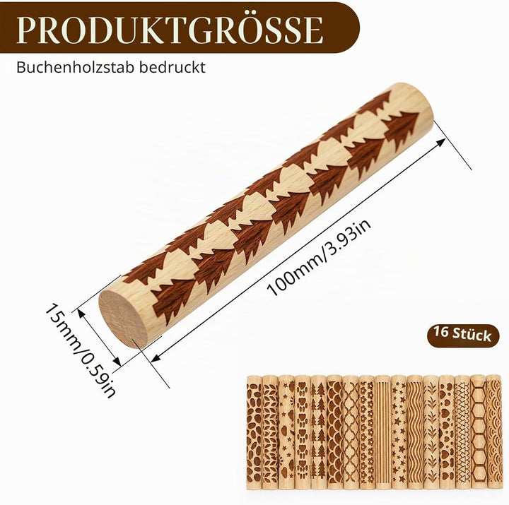 16 Stück Holz Texturrolle für Ton &amp; Keramik 10x1.5cm 16 Stile Töpferstempel Rollen Klein Runde Töpfe