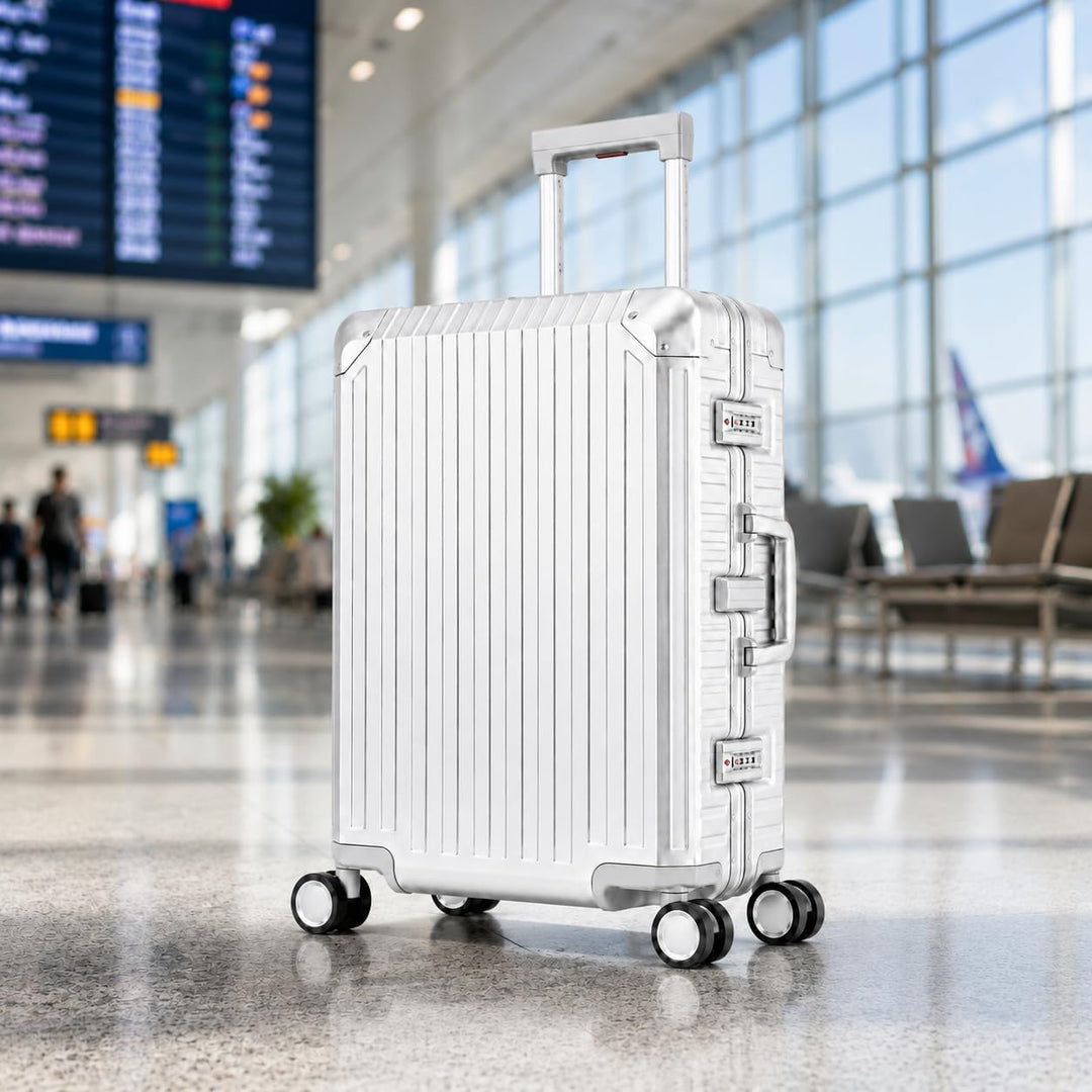Travelhouse 100% Aluminium Reisekoffer Silber L-72cm Hartschalenkoffer 2X TSA Zahlenschloss 4 Silent