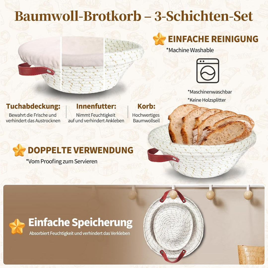 Gärkörbchen Sauerteig Starter Set, 700ml Sauerteig Glas, Gärkorb rund 25cm & Liner – Komplettes Brot