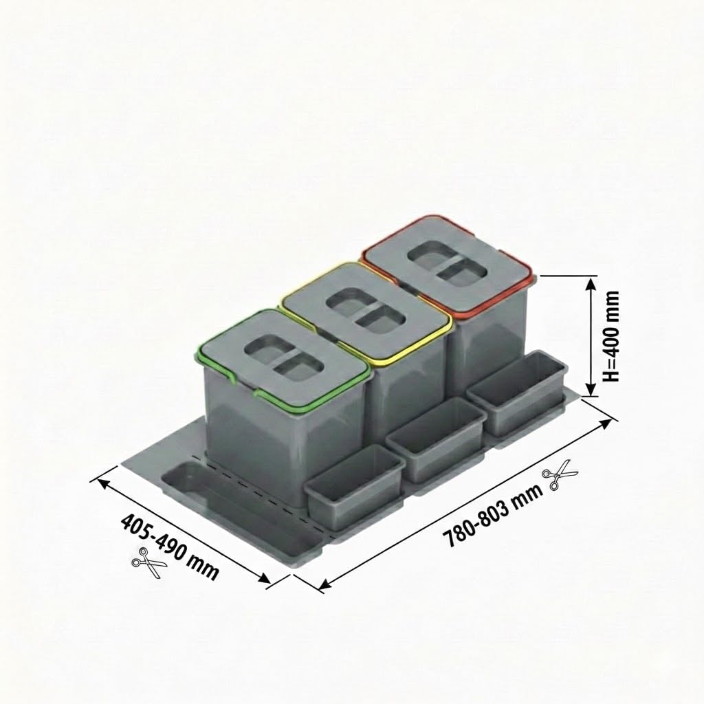 REJS Mülltrennsystem Küche für 90 cm Schrank 3-fach 80,3x49x40 cm (3x 20L) mit Deckel Einbau Abfalls