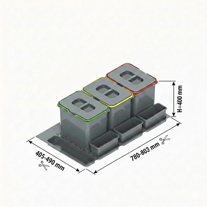 REJS Mülltrennsystem Küche für 90 cm Schrank 3-fach 80,3x49x40 cm (3x 20L) mit Deckel Einbau Abfalls