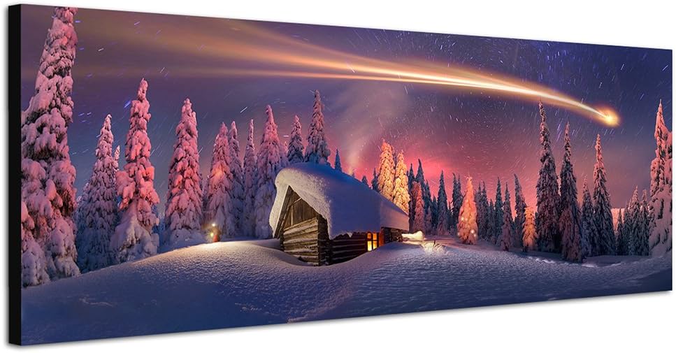 Paul Sinus Art Panoramabild auf Leinwand und Keilrahmen 150x50cm Wald Haus Schnee Sternschnuppe Fant