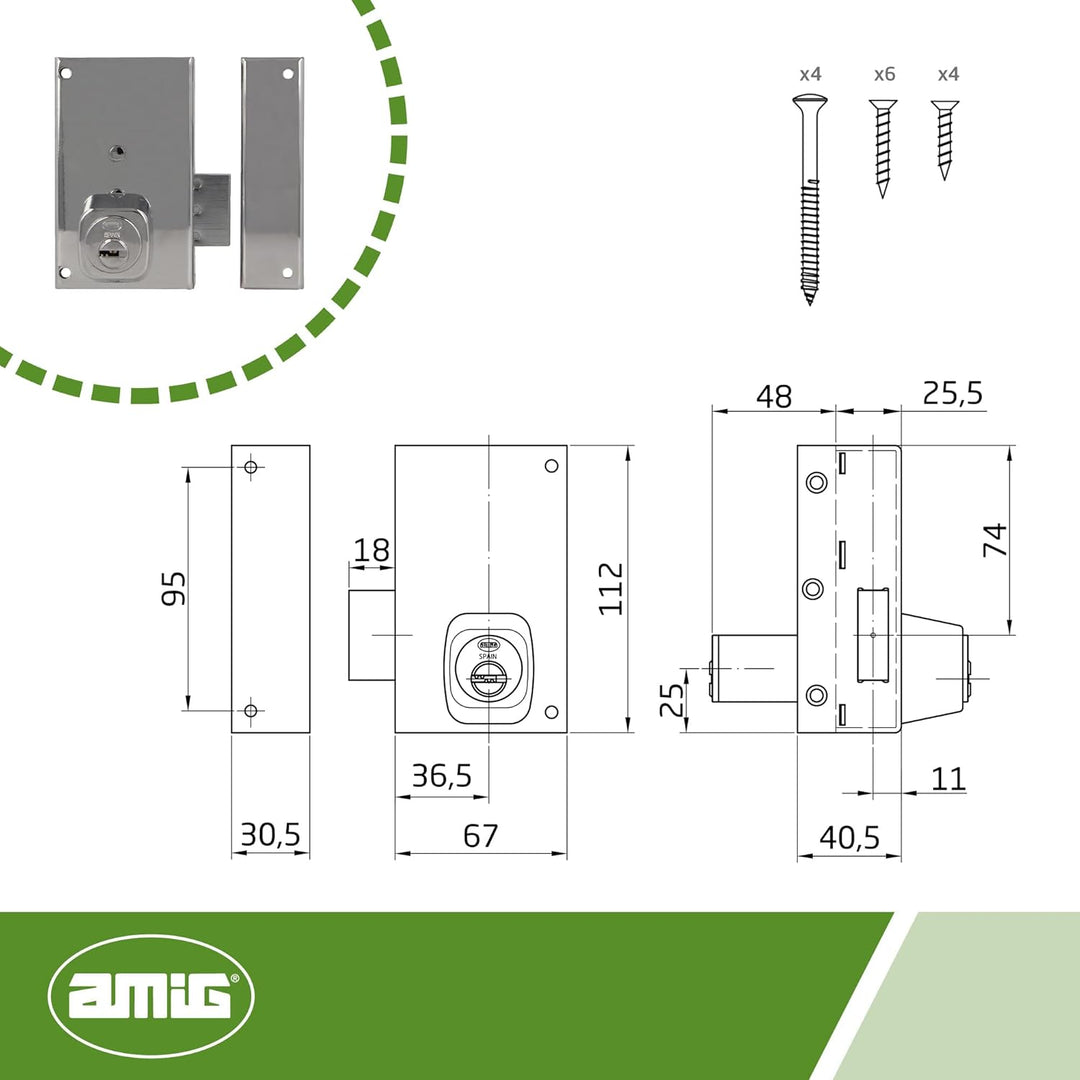 Amig - Aufschraubschloss DIN rechts mit Schliesshebel und Falle für Holztüren Mod. 75P - 67 x 112 mm