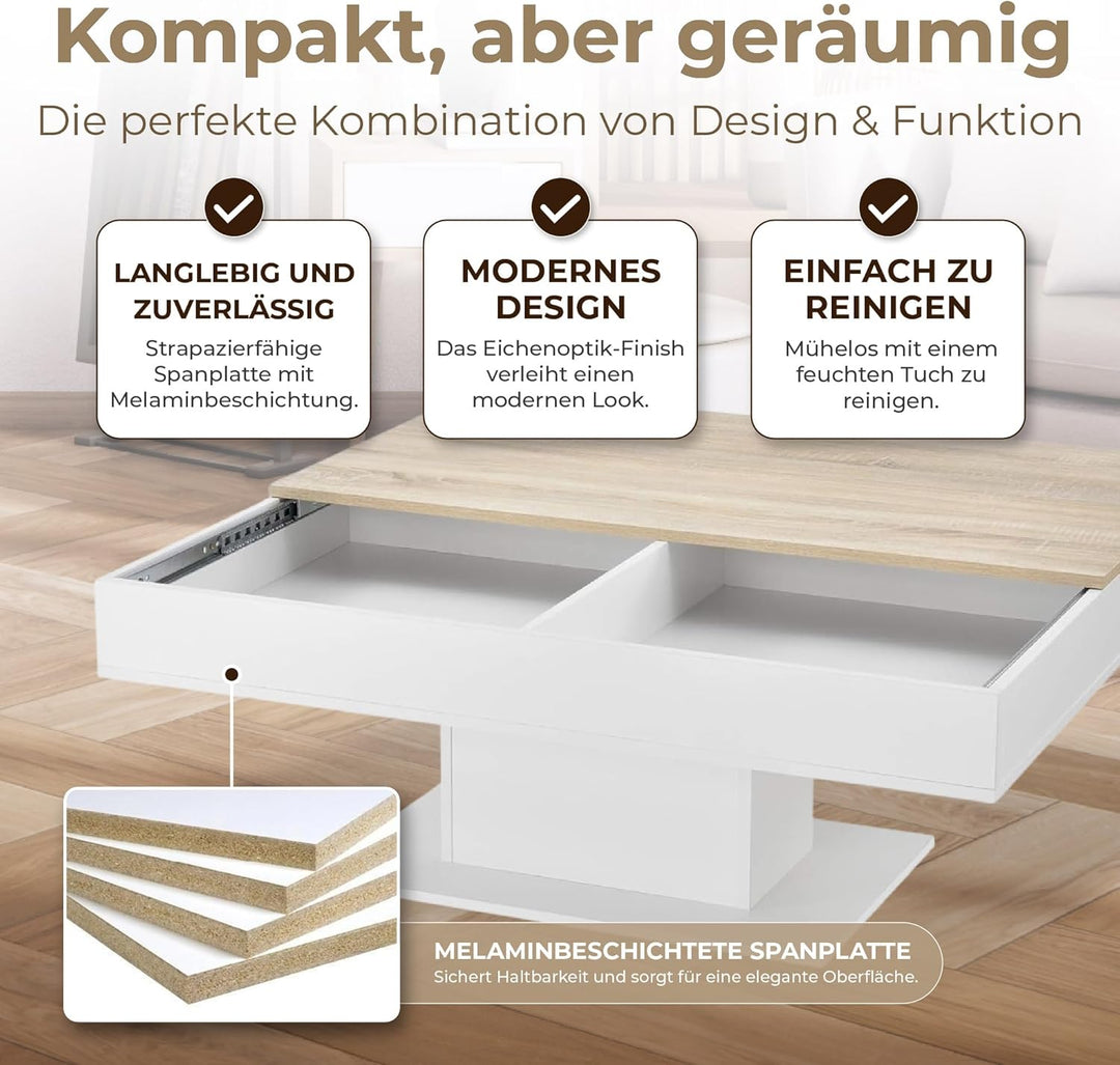 [en.casa] Couchtisch mit 2 Staufächern unter Schiebeplatte Wohnzimmertisch mit Truhefunktion Kaffeet