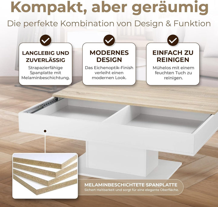 [en.casa] Couchtisch mit 2 Staufächern unter Schiebeplatte Wohnzimmertisch mit Truhefunktion Kaffeet