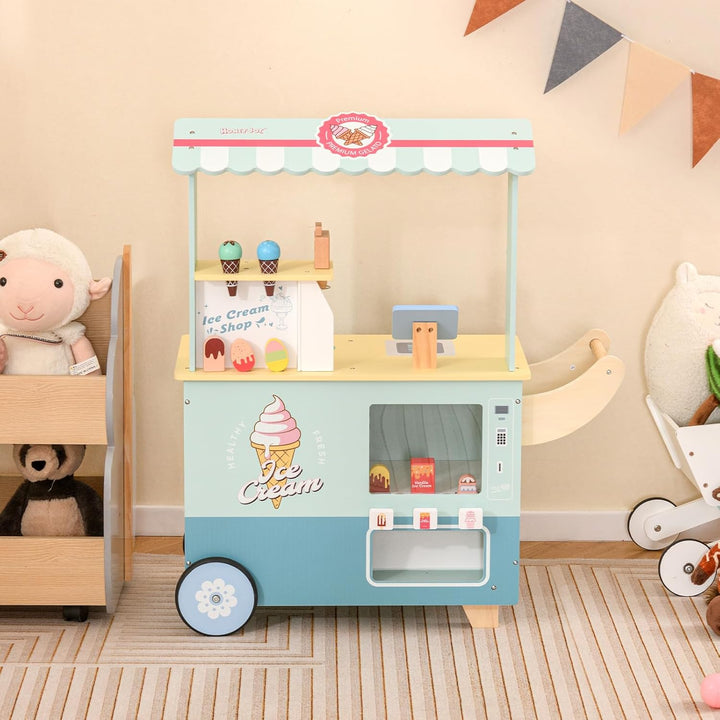 HOMASIS Kinder Eiswagen Holz mit 15 Zubehör, Kaufladen mit 6 Spielzeug-Eiscreme, Eismaschine, Verkau