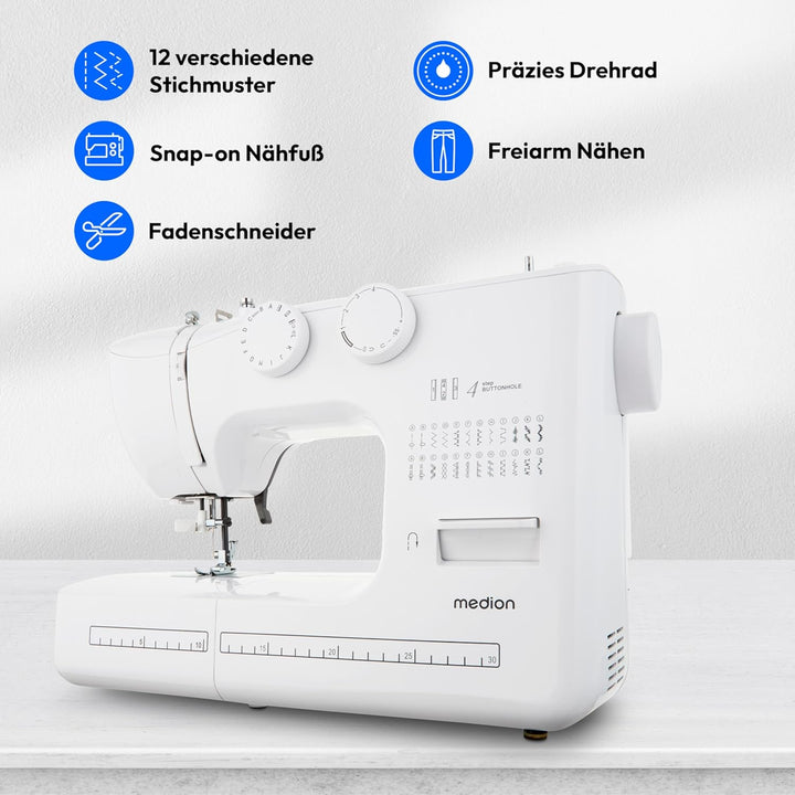 MEDION Freiarm-Nähmaschine SM60 (60 Watt, 60 verschiedene Stichmuster mit Knopflöchern, LED Nählicht