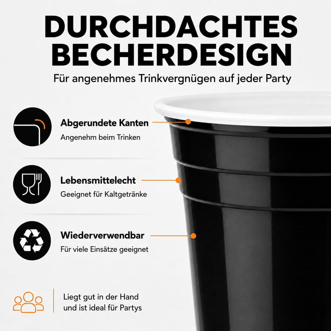 MYBEERPONG® Schwarzes Bierpong Set: 100 Black Cups (Markierung 0,4l + 0,5l) + 6 Beer Pong-Bälle – Wi