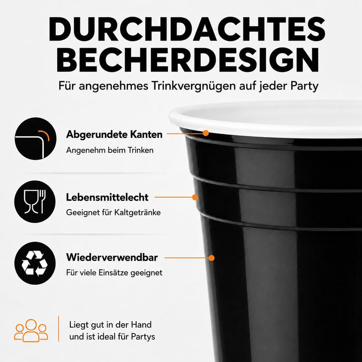 MYBEERPONG® Schwarzes Bierpong Set: 100 Black Cups (Markierung 0,4l + 0,5l) + 6 Beer Pong-Bälle – Wi
