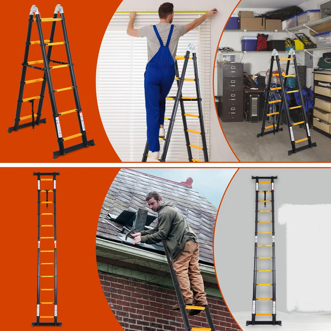 Cecaylie Teleskopleiter Klappleiter Aluminium, 3.8M(1.9M+1.9M) Ausziehbare Leiter mit Stabilisatoren