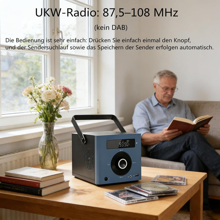 CD Player Tragbar mit Bluetooth, UKW Radio, 2000mAh wiederaufladbare Akku, MP3-Wiedergabe/USB/AUX-Ei