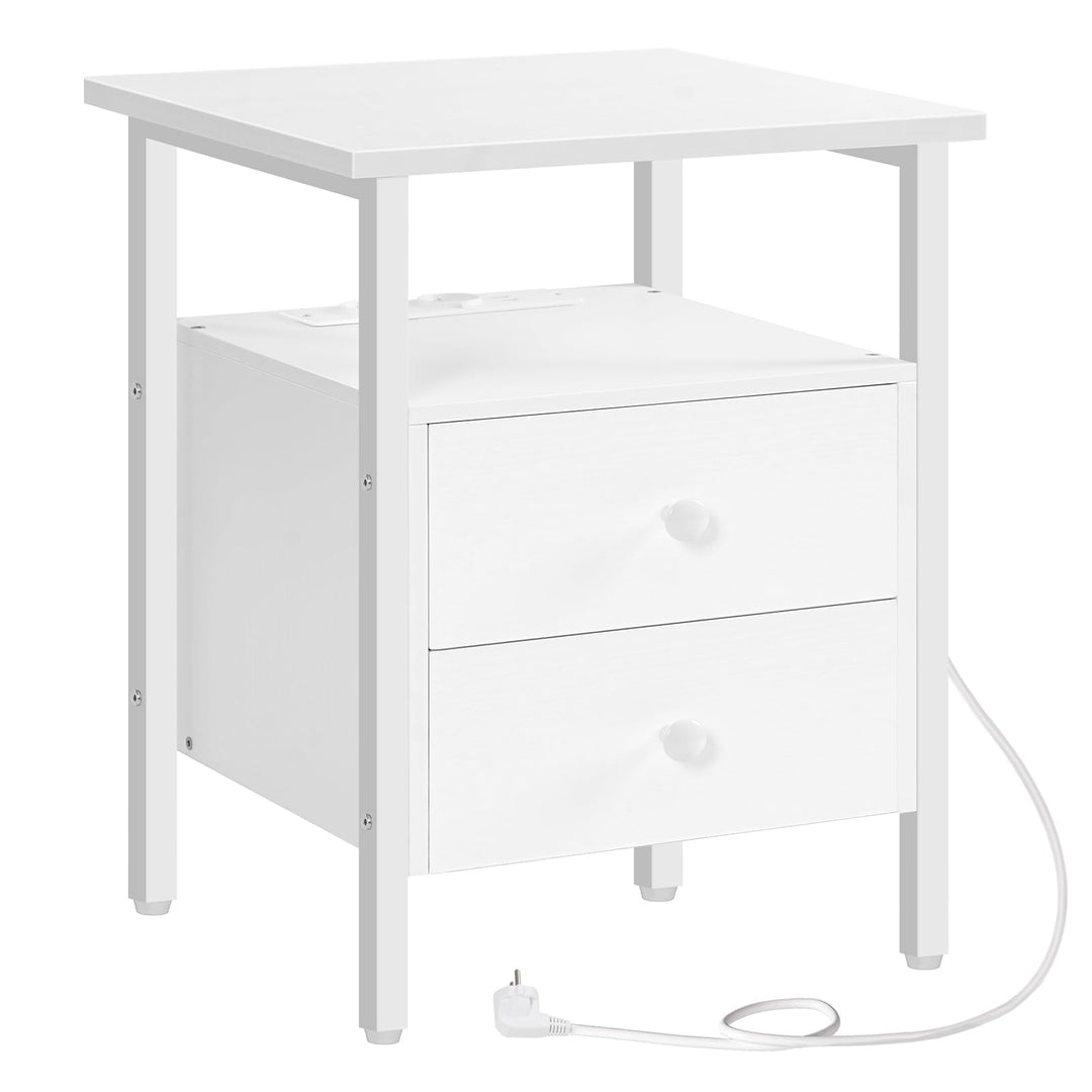 HOOBRO Nachttisch mit Ladestation, Beistelltisch, Sofatisch mit 2 Schubladen, Couchtisch mit USB-Ans
