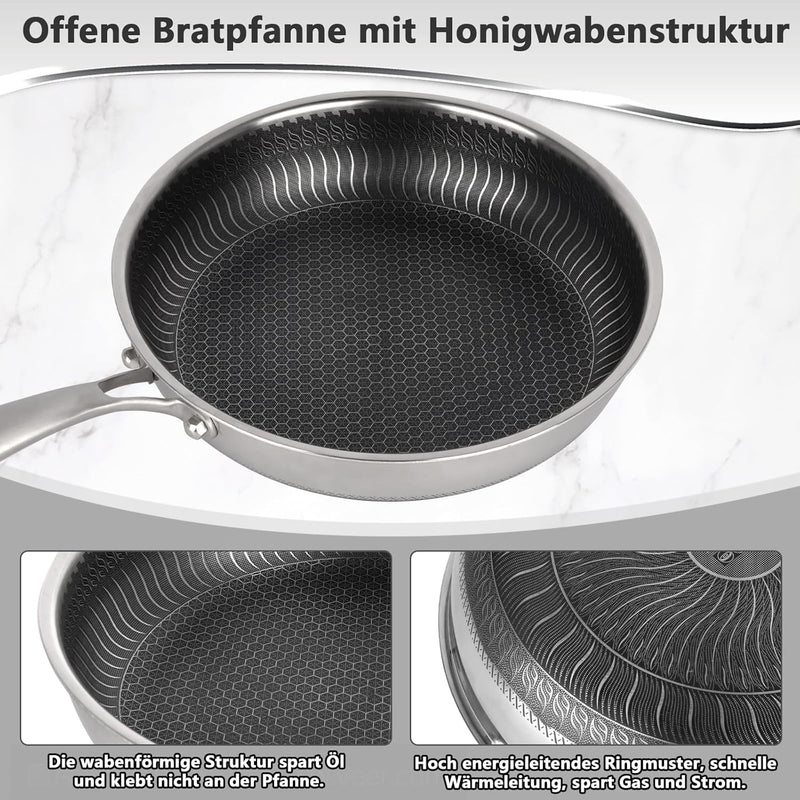 W&H 3 Pcs Bratpfanne Induktion 28 cm, Edelstahl Pfanne mit Wabenstruktur und Abnehmbarem Griff, Anti